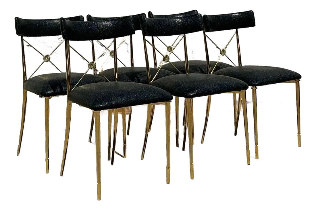Set of 6 Vintage Jonathan Adler Rider Dining Chairs Black Brass: Set of 6 Vintage Jonathan Adler Rider Dining Chairs Black Brass Introducing a stunning set of six "Rider" dining chairs designed by Jonathan Adler, where glam boho meets neoclassical elegance. Each ch