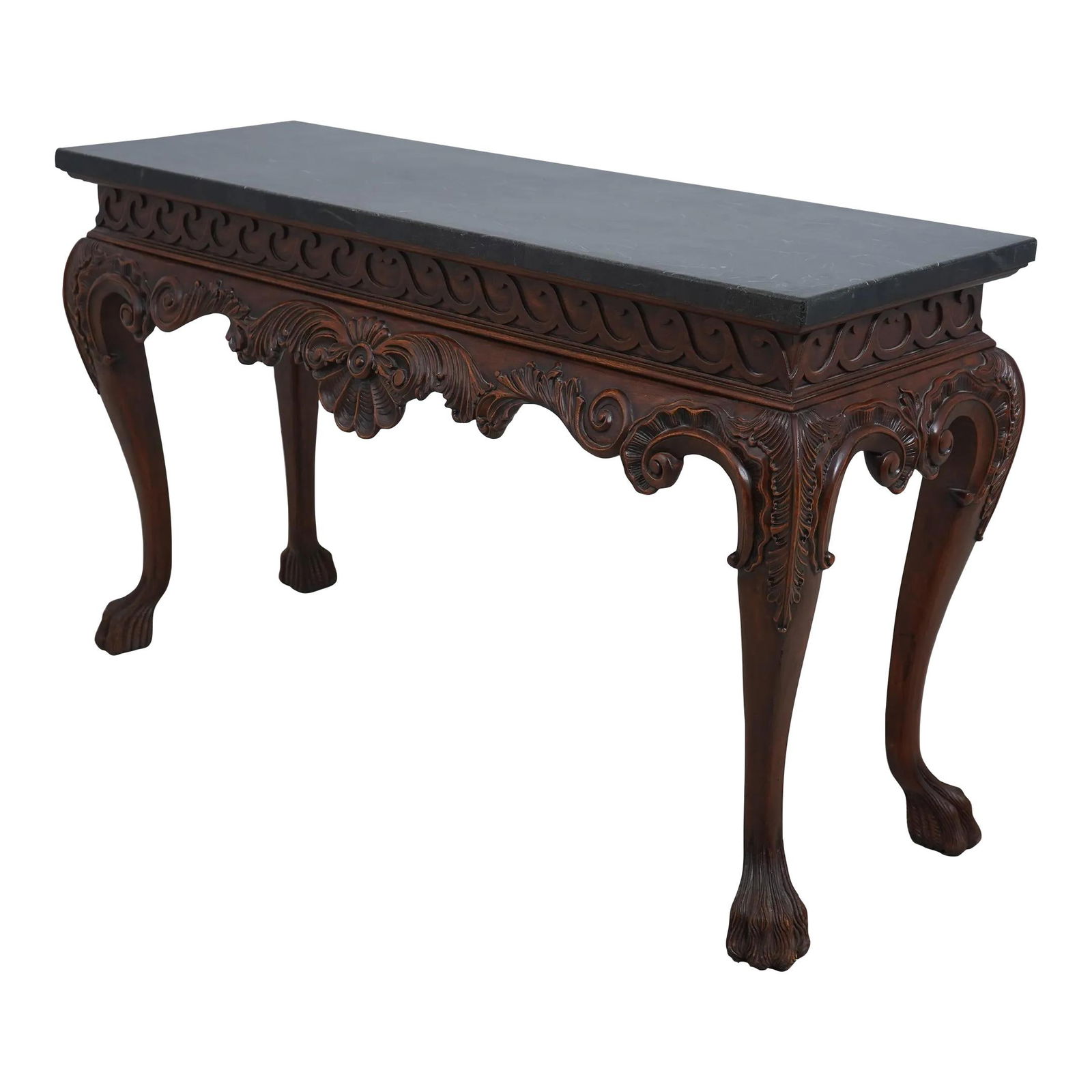 Georgian Mahogany Console Table with Dark Green Marble Top: Georgian Mahogany Console Table with Dark Green Marble Top This elegant Georgian console table features a stunning dark green marble overlay top, beautifully complemented by the rich mahogany construc
