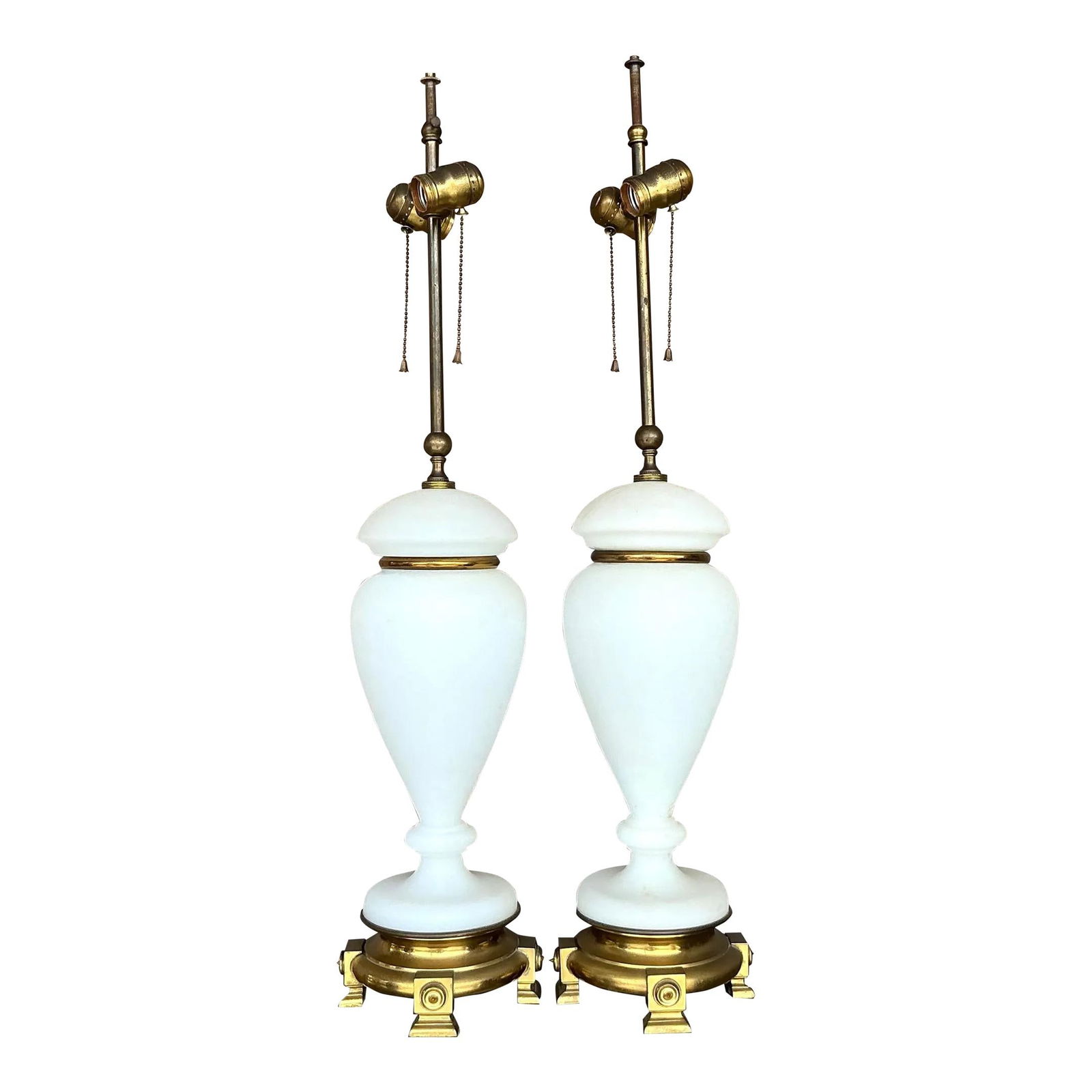 Pair of Vintage Regency French Opaline Lamps with Brass Bases: Pair of Vintage Regency French Opaline Lamps with Brass Bases Enhance your living space with this stunning pair of Vintage Regency French Opaline Lamps. Showcasing classic neoclassical urn shapes, the
