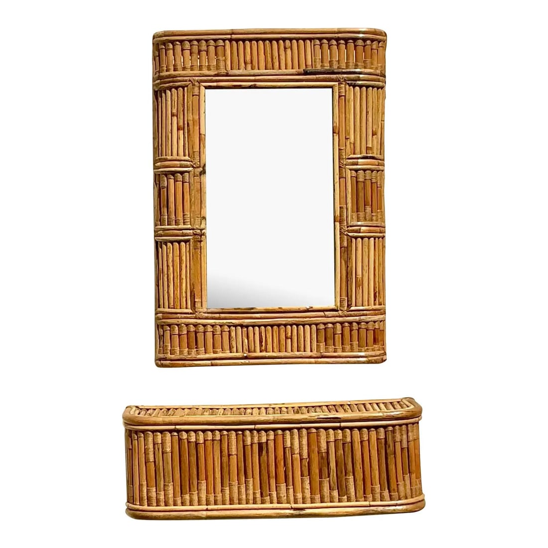Vintage Coastal Rattan Console Table and Mirror Set with Bamboo Design: Vintage Coastal Rattan Console Table and Mirror Set with Bamboo Design Transform your home with this exquisite vintage coastal console mirror and table set, featuring intricate woven rattan details. T