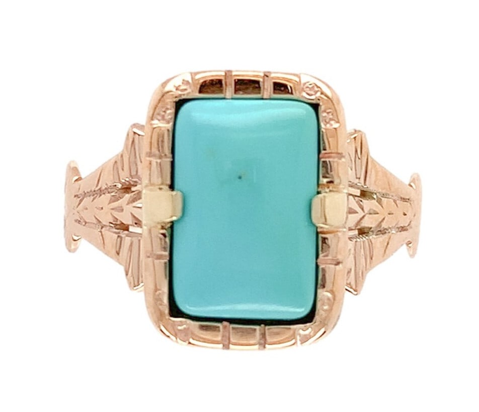 Victorian 10k Rose Gold Turquoise Ring Authentic GIA Certified: Victorian 10k Rose Gold Turquoise Ring Authentic GIA Certified This exquisite Victorian ring is crafted from 10k rose gold and showcases a genuine natural turquoise stone. The turquoise features a cap