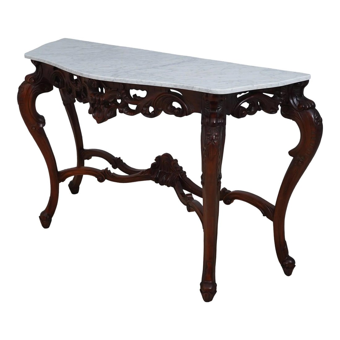 Elegant Louis XV Style Mahogany Console Table with Marble Top: Elegant Louis XV Style Mahogany Console Table with Marble Top This exquisite French Louis XV Style Console Table features a beautifully carved mahogany base complemented by a stunning white marble top