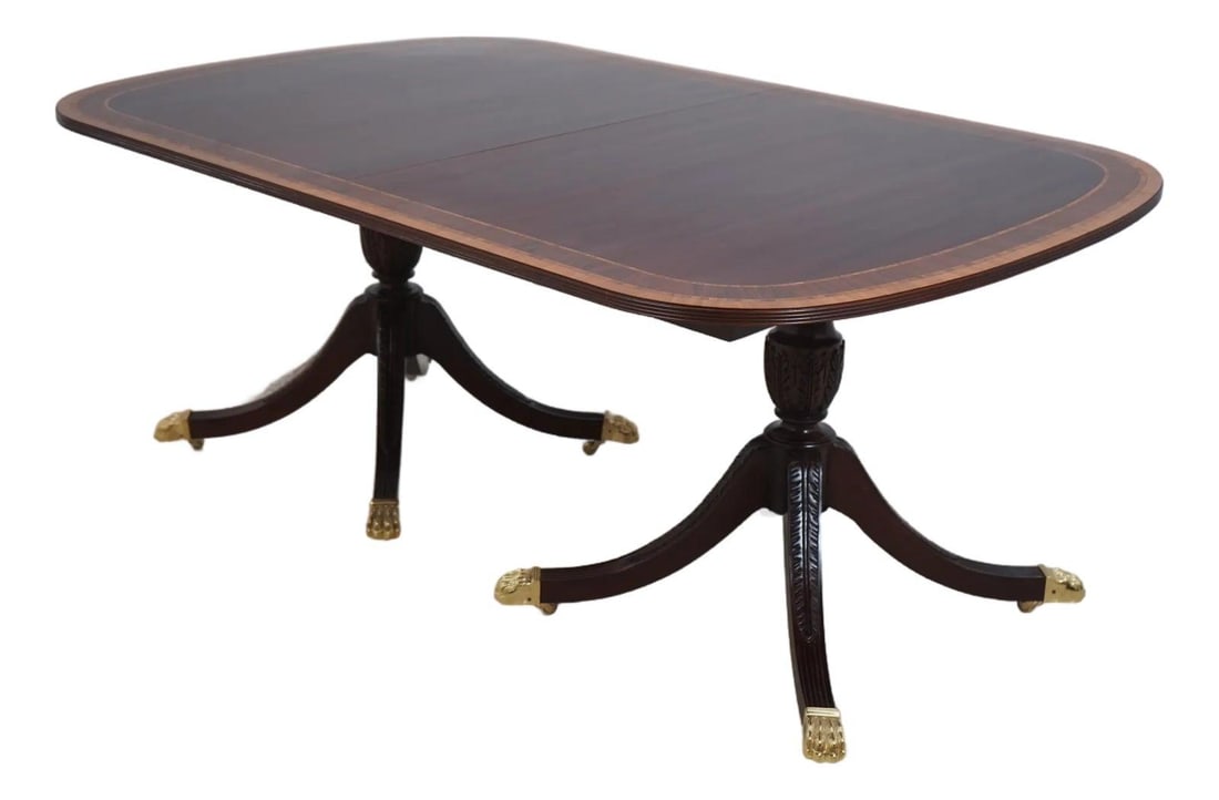 Regency Style Councill Craftsmen Mahogany Dining Table with Brass Casters: Regency Style Councill Craftsmen Mahogany Dining Table with Brass Casters This stunning Councill Craftsmen Double Pedestal Banded Mahogany Dining Table showcases a timeless Regency style, featuring el