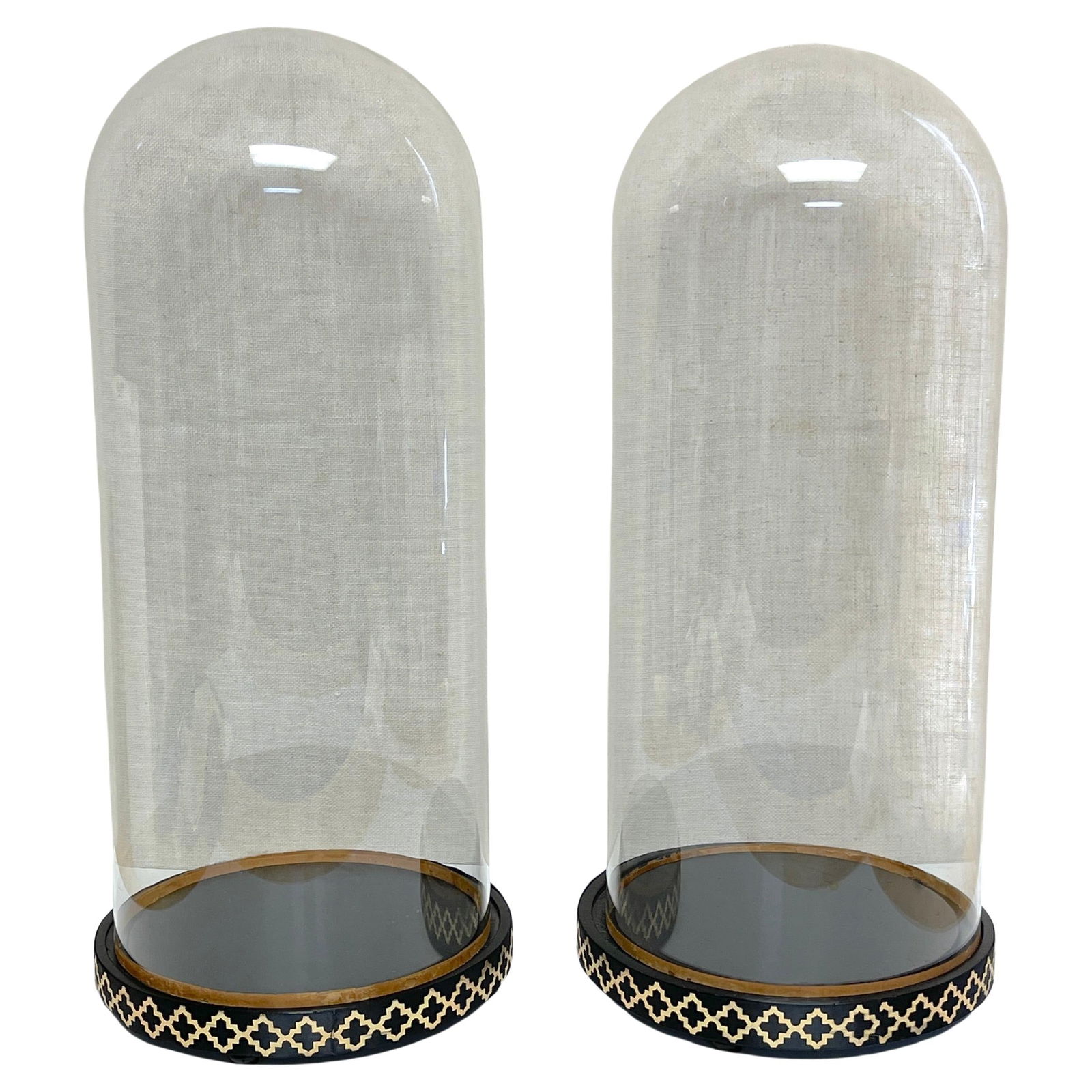 Set of 2 English Victorian Glass Display Domes Cloches 19in: Set of 2 English Victorian Glass Display Domes Cloches 19in This exquisite pair of English Victorian glass display domes, also known as cloches, features removable hand-blown clear glass domes set ato