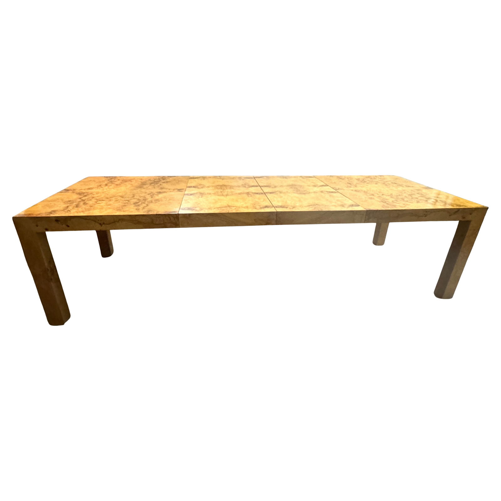 Milo Baughman Thayer Coggin Burl Wood Dining Table with 2 Leaves: Milo Baughman Thayer Coggin Burl Wood Dining Table with 2 Leaves Experience the elegance of the Milo Baughman for Thayer Coggin Burl Wood Parsons Extension Dining Table, a stunning piece crafted in th