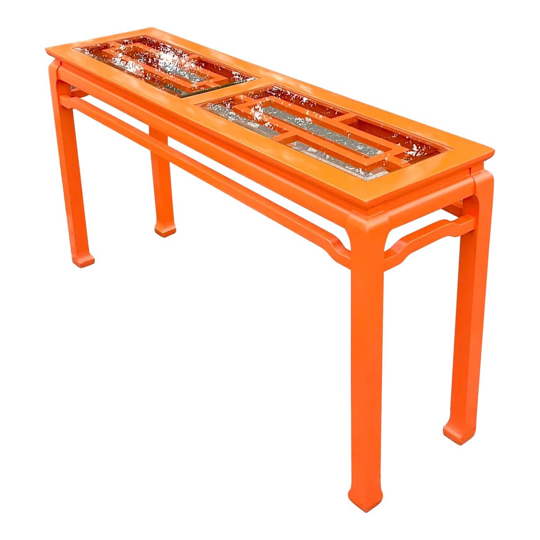 Vintage Regency Orange Lacquer Console Table with Glass Top: Vintage Regency Orange Lacquer Console Table with Glass Top This exquisite vintage Regency console table showcases a vibrant orange lacquer finish on a classic fretwork design, making it a standout pi