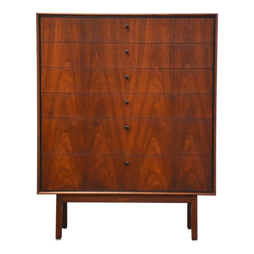 Jack Cartwright Mid Century Walnut Tall Dresser with Black Accents: Jack Cartwright Mid Century Walnut Tall Dresser with Black Accents Explore this stunning mid-century modern walnut tall dresser designed by Jack Cartwright for Founders, featuring elegant black accent