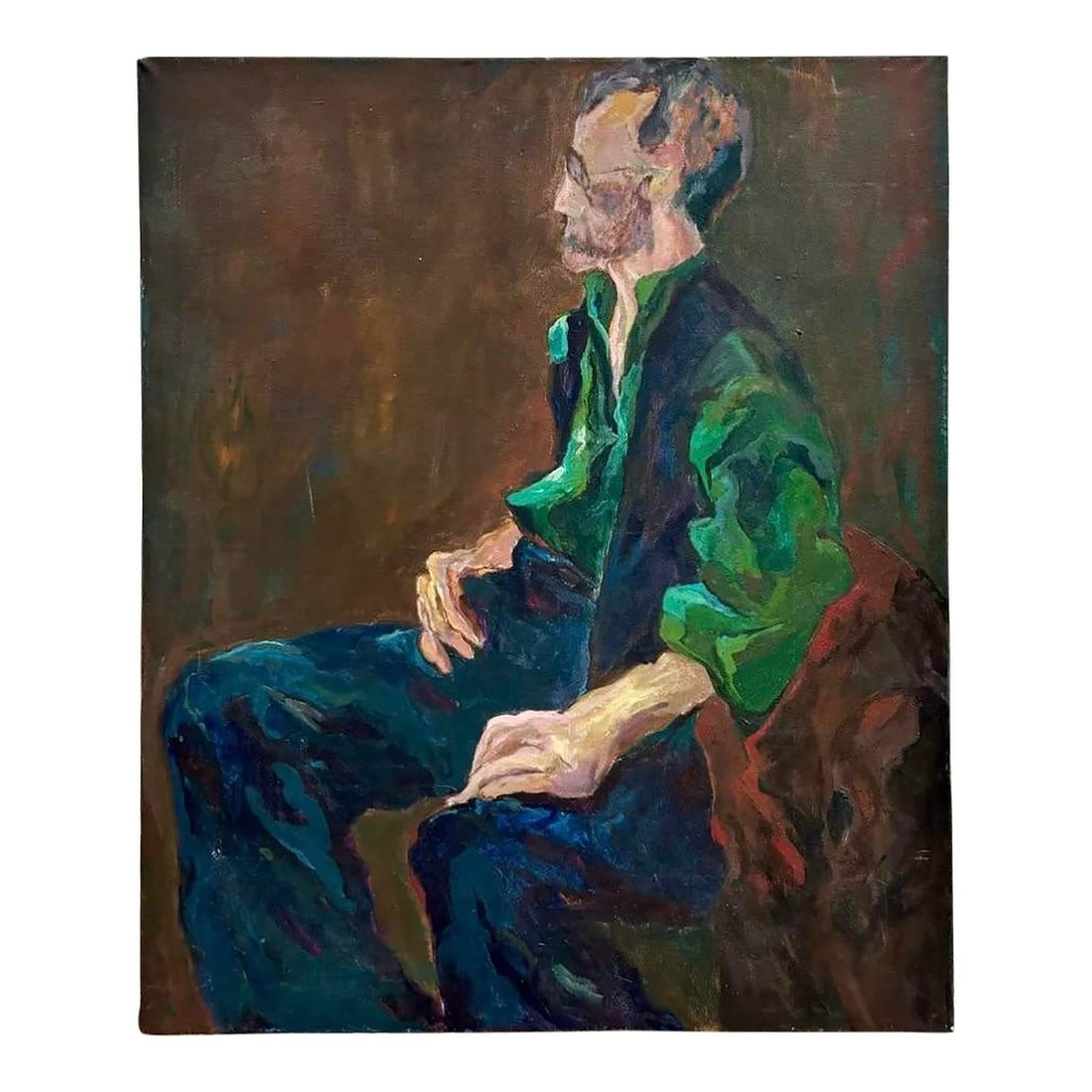 Vintage Boho Abstract Portrait of Contemplative Gentleman 31.5x36: Vintage Boho Abstract Portrait of Contemplative Gentleman 31.5x36 This captivating vintage boho abstract expressionist painting features a seated gentleman in profile, characterized by softened featur
