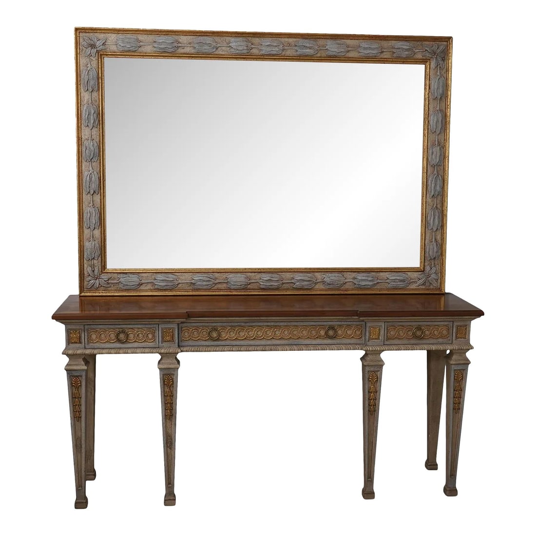 John Widdicomb Italian Console Table with Mirror Gold Highlights: John Widdicomb Italian Console Table with Mirror Gold Highlights This exquisite Italian-style console features a stunning walnut top and a beautifully textured paint-decorated finish highlighted with