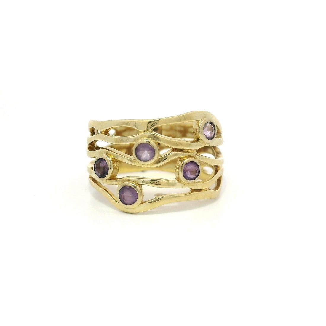 Amethyst Yellow Gold Plated Sterling Silver Wide Band Ring 5.5: Amethyst Yellow Gold Plated Sterling Silver Wide Band Ring 5.5 This stunning wide band ring showcases a beautiful wavy open work design, crafted from yellow gold plated sterling silver. It features fi