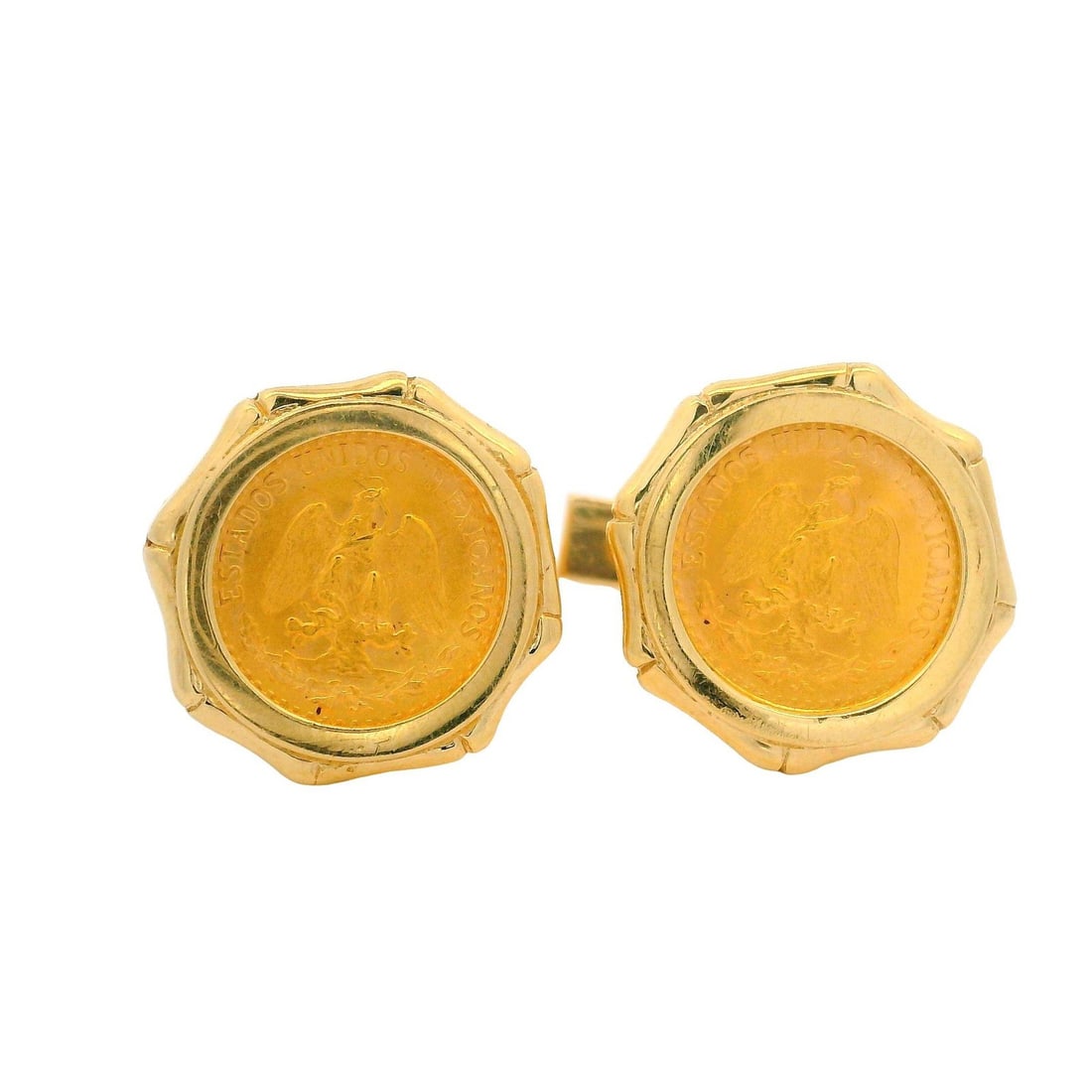 Vintage 20k Yellow Gold Dos Pesos Cufflinks with 14k Frames: Vintage 20k Yellow Gold Dos Pesos Cufflinks with 14k Frames These stunning vintage cufflinks feature authentic 20k yellow gold coins framed in 14k yellow gold, making them a unique addition to any acc