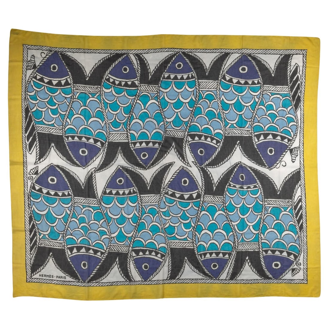 Hermes Vibrant Yellow Blue Fish Design Cotton Sarong: Hermes Vibrant Yellow Blue Fish Design Cotton Sarong This stunning Hermes cotton sarong features a vibrant yellow and blue fish design, perfect for adding a splash of color to your beachwear collectio