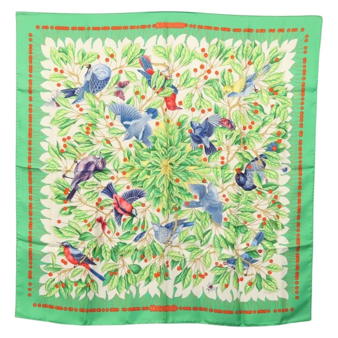 HERMES Carre 90 Silk Scarf Les Merises Green Authentic: HERMES Carre 90 Silk Scarf Les Merises Green Authentic Elevate your accessory collection with this exquisite HERMES Carre 90 Scarf featuring the captivating "Les merises" design. Crafted from luxuriou