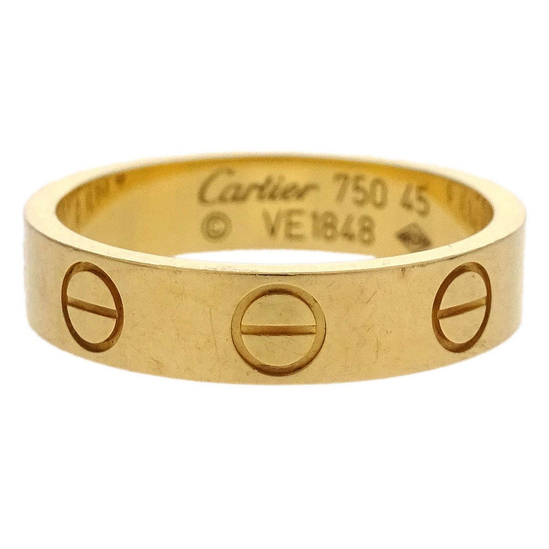 Cartier Mini Love Ring 750 Gold Size 45 Vintage: Cartier Mini Love Ring 750 Gold Size 45 Vintage This exquisite Cartier Mini Love Ring is crafted from 18k gold (750 purity) and features a classic round shape. Designed for elegance and simplicity, th