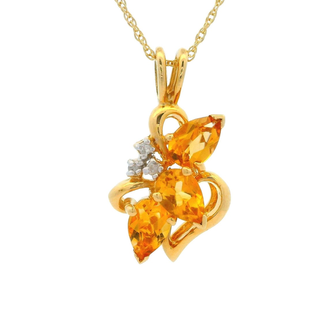 14k Yellow Gold Floral Citrine Diamond Pendant Necklace 18 inch: 14k Yellow Gold Floral Citrine Diamond Pendant Necklace 18 inch This exquisite 14k yellow gold pendant features a beautiful open floral design, showcasing three natural genuine citrine stones in a pea