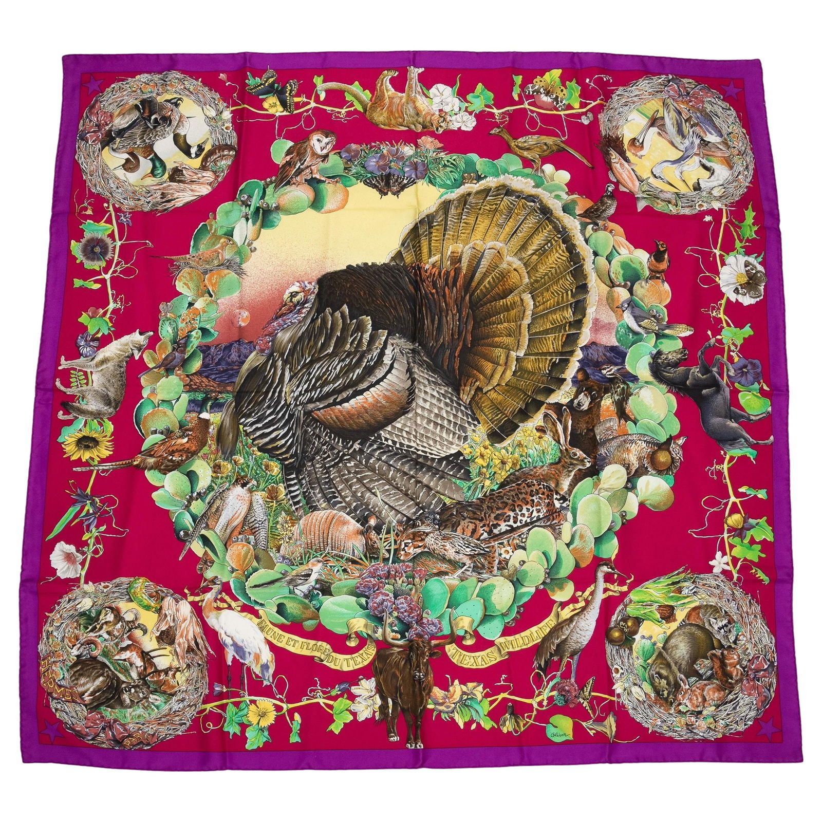 Hermes Kermit Oliver Fuchsia Texas Wildlife Silk Scarf 35in: Hermes Kermit Oliver Fuchsia Texas Wildlife Silk Scarf 35in Elevate your accessory collection with this stunning Hermes Fuchsia Texas Wildlife Silk Scarf. Designed by Kermit Oliver, this collectible s