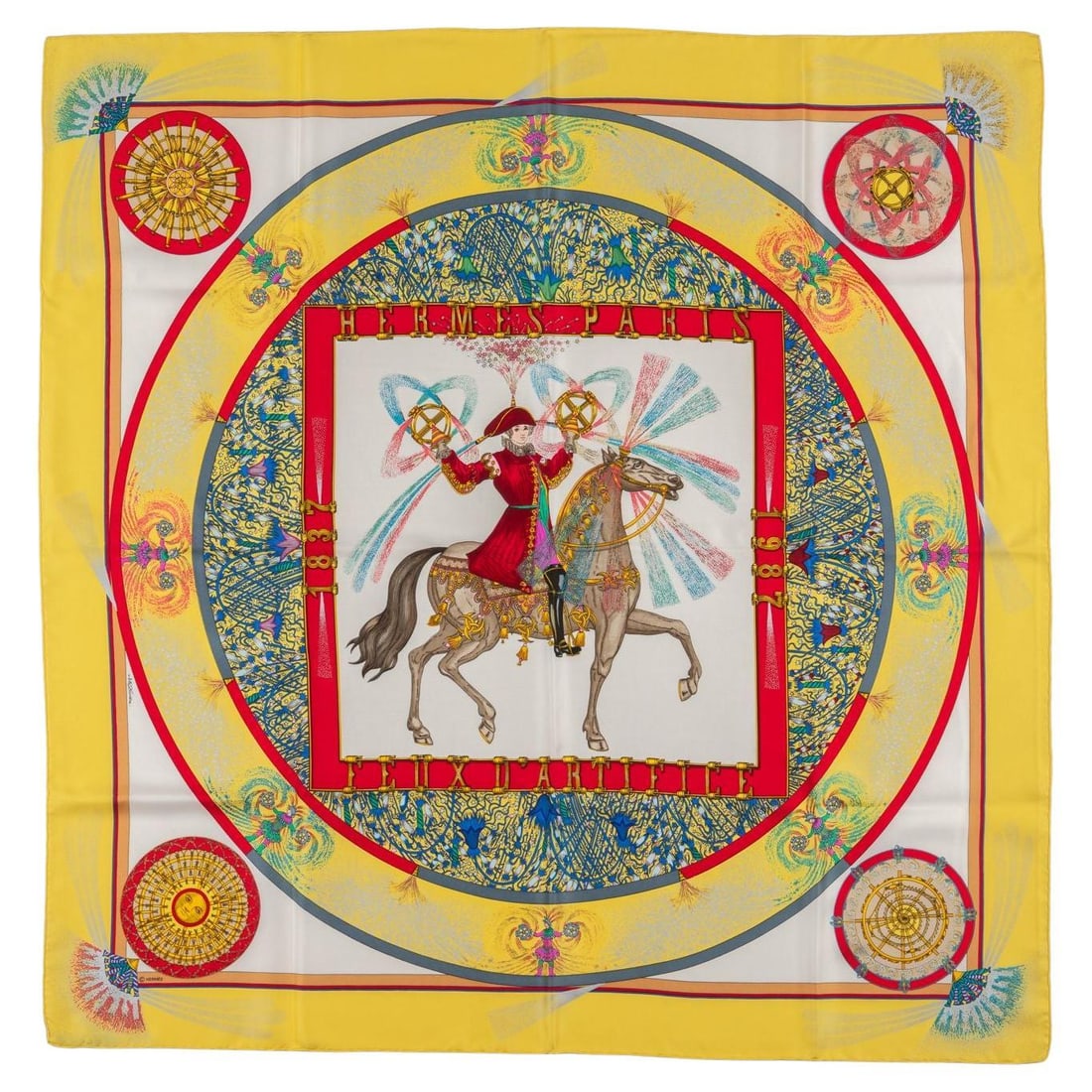 Hermes Feux D'Artifice 150th Anniversary Silk Scarf 35 in: Hermes Feux D'Artifice 150th Anniversary Silk Scarf 35 in This exquisite Hermes Feux D'Artifice Silk Scarf is a luxurious accessory crafted from 100% silk, designed by Michel Duchene. Celebrating the