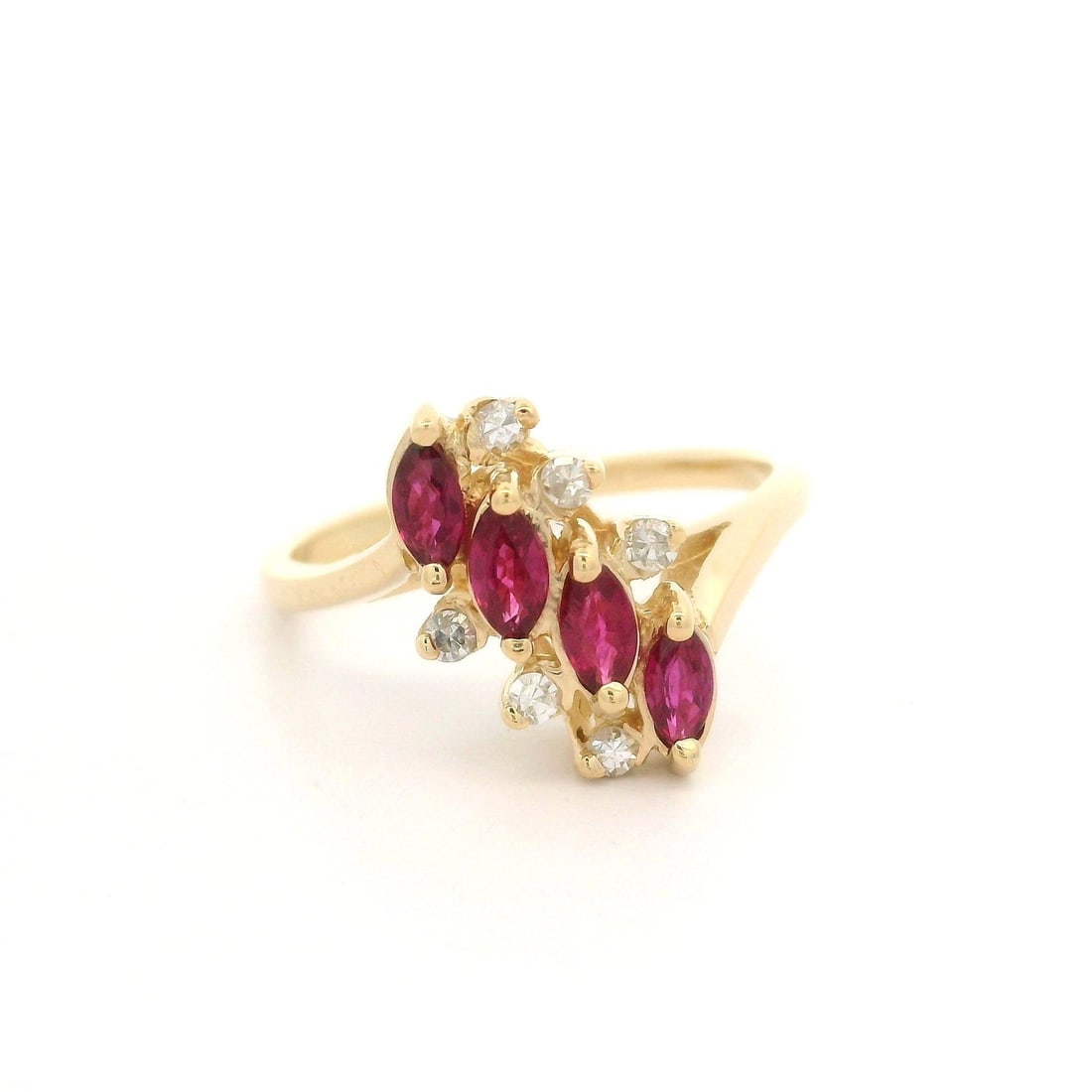 Elegant 14k Yellow Gold Ruby Diamond Right Hand Cocktail Ring: Elegant 14k Yellow Gold Ruby Diamond Right Hand Cocktail Ring This elegant right-hand ring features a stunning arrangement of natural marquise-cut rubies and diamonds, perfect for adding a touch of so