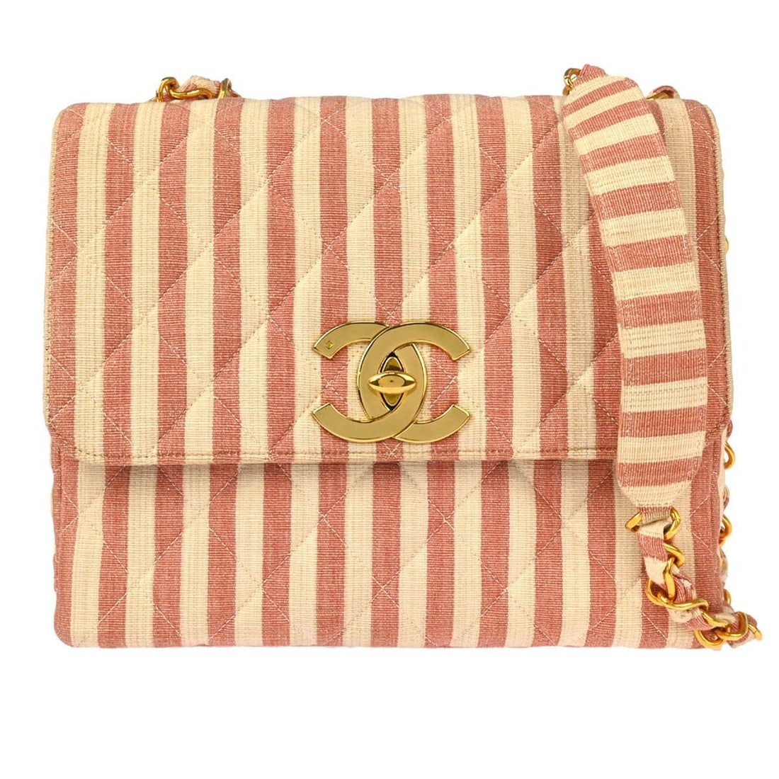 Chanel Red White Canvas Shoulder Bag with Lambskin Lining: Chanel Red White Canvas Shoulder Bag with Lambskin Lining This Chanel shoulder bag features a striking red and white canvas exterior, making it a stylish addition to any outfit. The medium-sized bag m