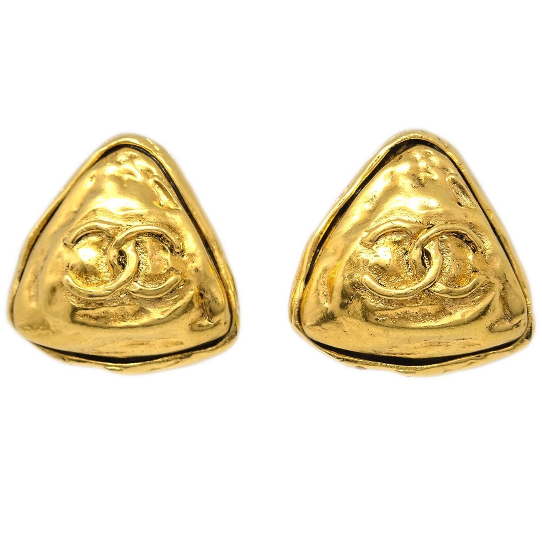 Chanel Gold Triangle Clip-On Button Earrings: Chanel Gold Triangle Clip-On Button Earrings These exquisite Chanel Triangle Clip-On Earrings feature a stylish triangular design and are crafted from gold-plated material. They showcase a classic but