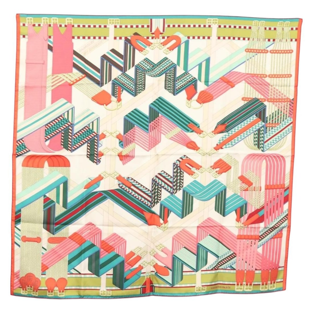 HERMES Carre 90 Silk Scarf SANGLES EN ZIGZAG Green Auth France: HERMES Carre 90 Silk Scarf SANGLES EN ZIGZAG Green Auth France Introducing the HERMES Carre 90 Scarf, a stunning piece featuring the "SANGLES EN ZIGZAG" design. This luxurious scarf is crafted from hi