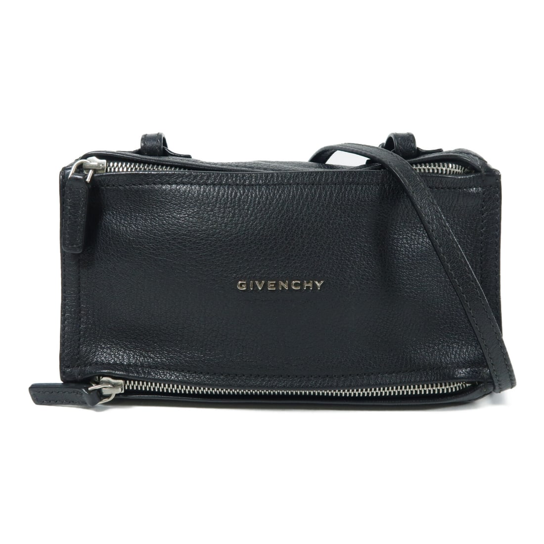 GIVENCHY Black Calfskin Leather Pandora Shoulder Bag: GIVENCHY Black Calfskin Leather Pandora Shoulder Bag This GIVENCHY Pandora Shoulder Bag is crafted from premium black calfskin leather, showcasing a sleek and sophisticated design. With dimensions of
