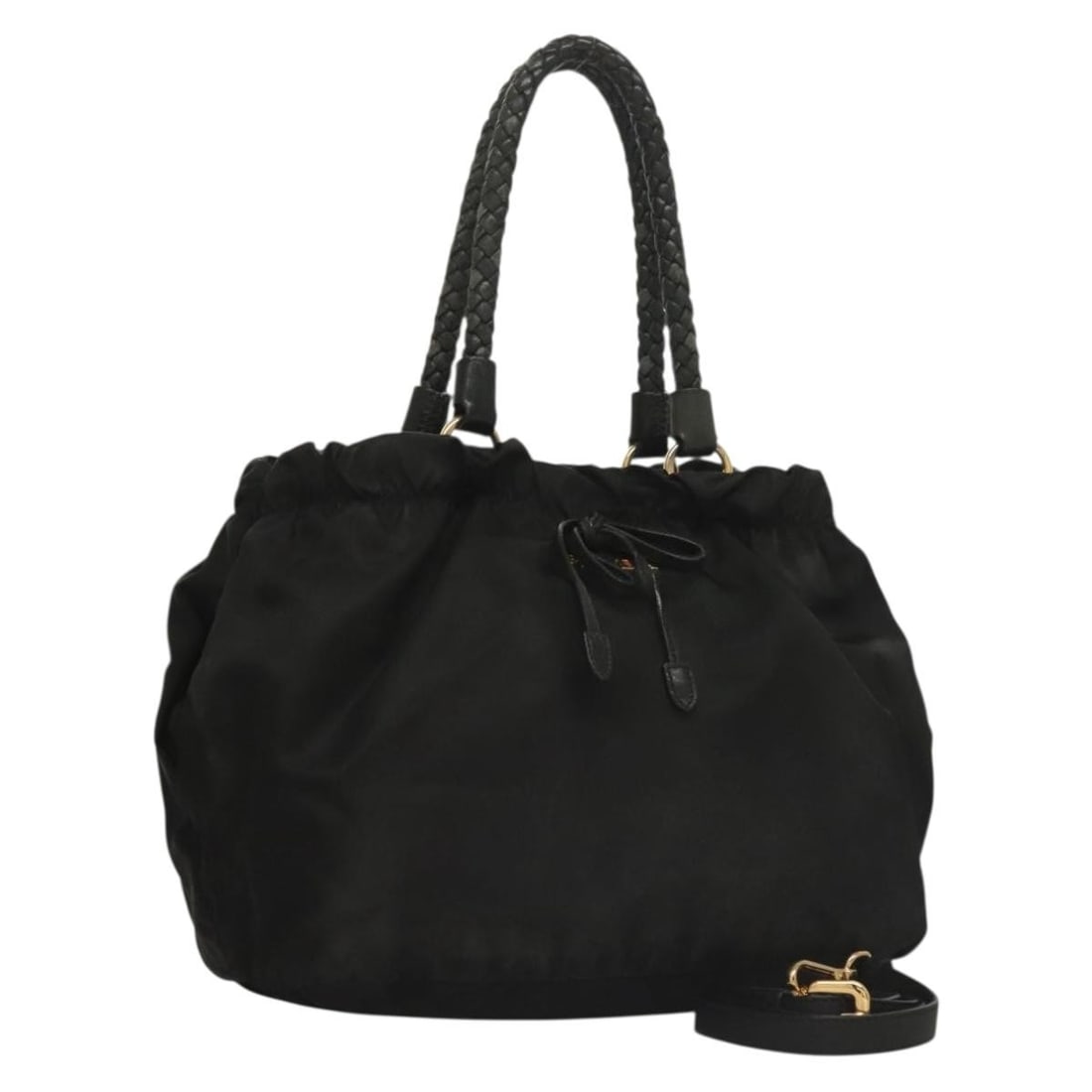 PRADA Nylon Hand Bag Black Gold 2way Auth BA3666: PRADA Nylon Hand Bag Black Gold 2way Auth BA3666 Introducing the PRADA Hand Bag, a stylish and versatile accessory crafted from durable nylon. This chic handbag features a classic black exterior compl