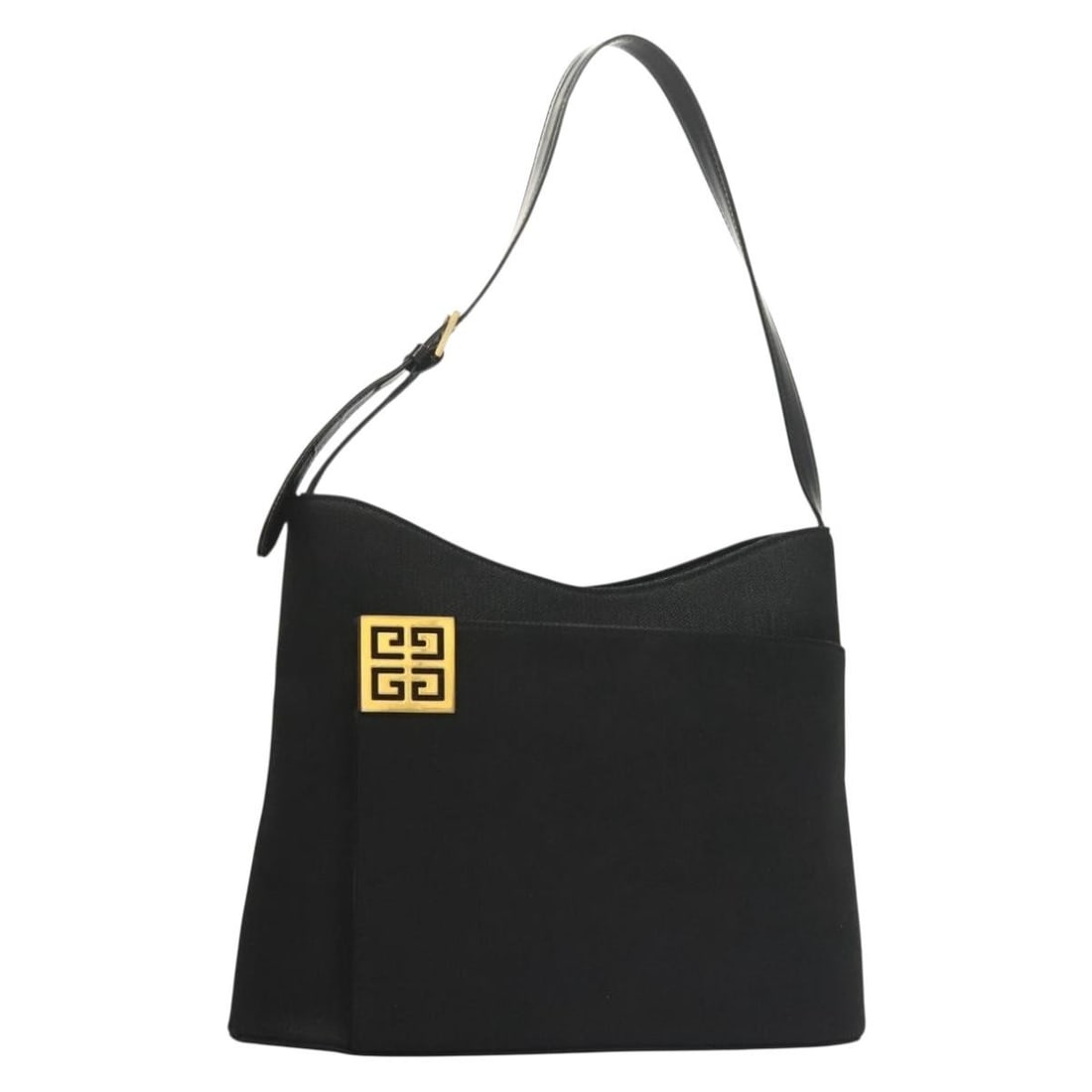 GIVENCHY Black Gold Canvas Shoulder Bag Made in Japan: GIVENCHY Black Gold Canvas Shoulder Bag Made in Japan This GIVENCHY shoulder bag combines a sleek design with functional aesthetics. Crafted from durable canvas, it features a striking black and gold