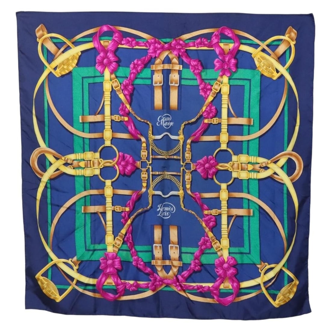 HERMES Grand Manege Carre90 Silk Scarf Blue Auth 90cm: HERMES Grand Manege Carre90 Silk Scarf Blue Auth 90cm Elevate your accessory collection with this stunning HERMES Carre90 Scarf from the "Grand Manege" collection. Crafted from luxurious silk, this be