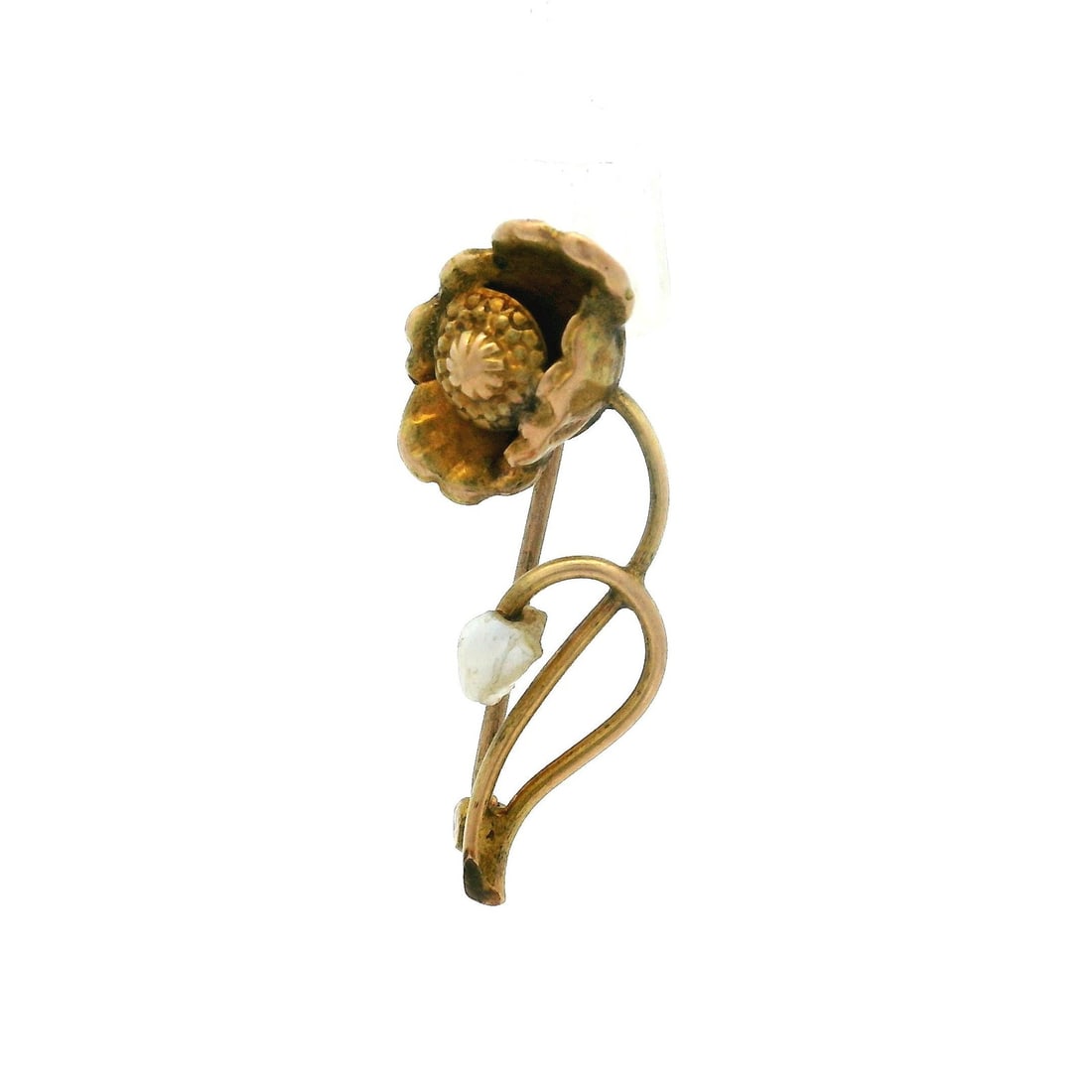 Antique Art Nouveau 14k Yellow Gold Lotus Brooch with Seed Pearl: Antique Art Nouveau 14k Yellow Gold Lotus Brooch with Seed Pearl This exquisite Antique Art Nouveau brooch showcases a petite design crafted from solid 14k yellow gold. The detailed etching depicts a 