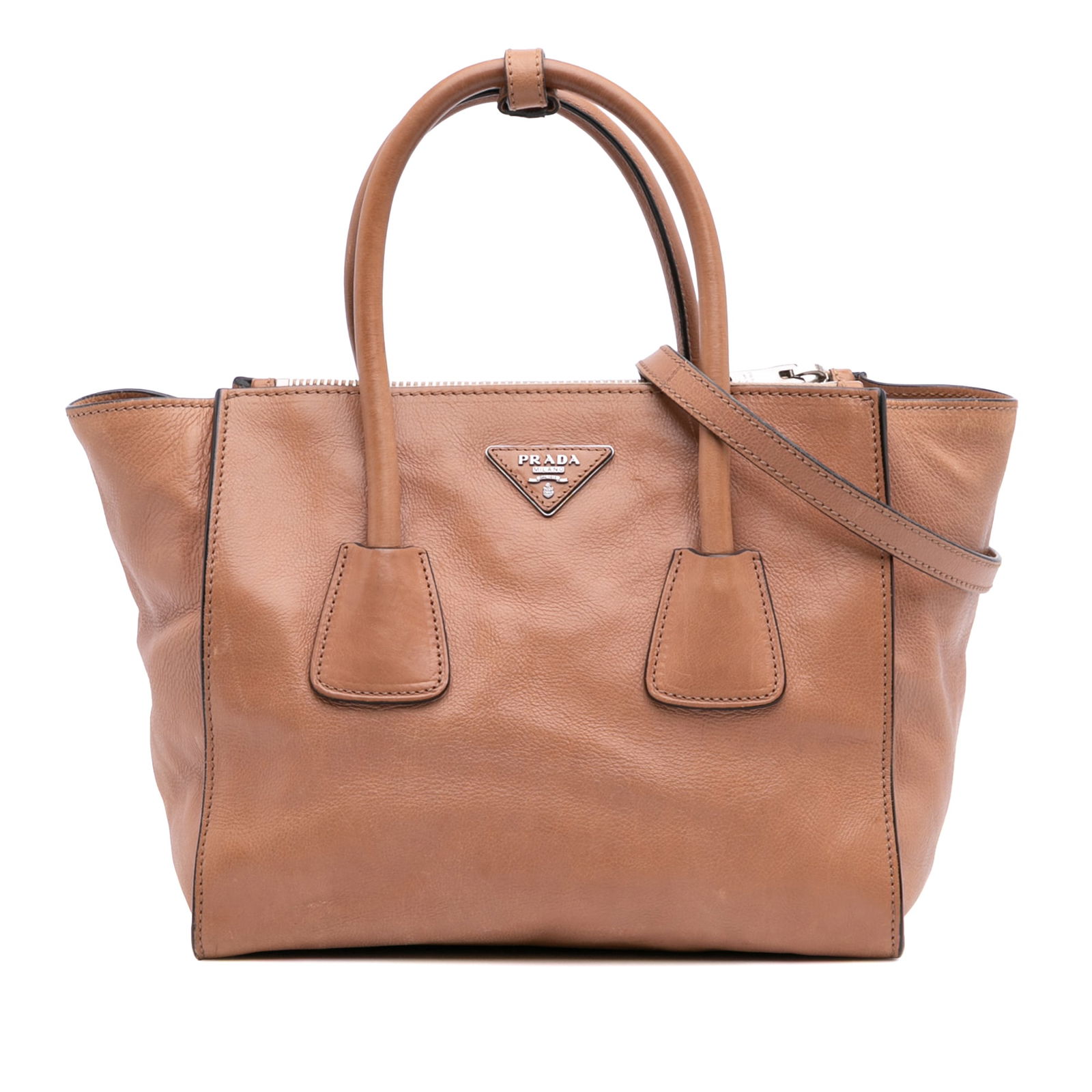 Prada Glace Calf Leather Twin Pocket Satchel Brown Italy: Prada Glace Calf Leather Twin Pocket Satchel Brown Italy Introducing the Prada Glace Calf Twin Pocket Satchel, a sophisticated blend of style and functionality. Crafted from premium calf leather, this