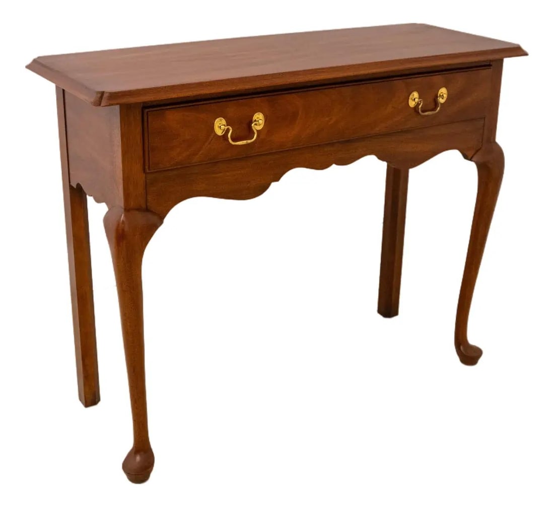 Henkel Harris Mahogany Queen Anne Console Table with Dovetailed Drawers: Henkel Harris Mahogany Queen Anne Console Table with Dovetailed Drawers This exquisite Henkel Harris Queen Anne Style Console Table showcases a timeless design with elegant features. Crafted around 19