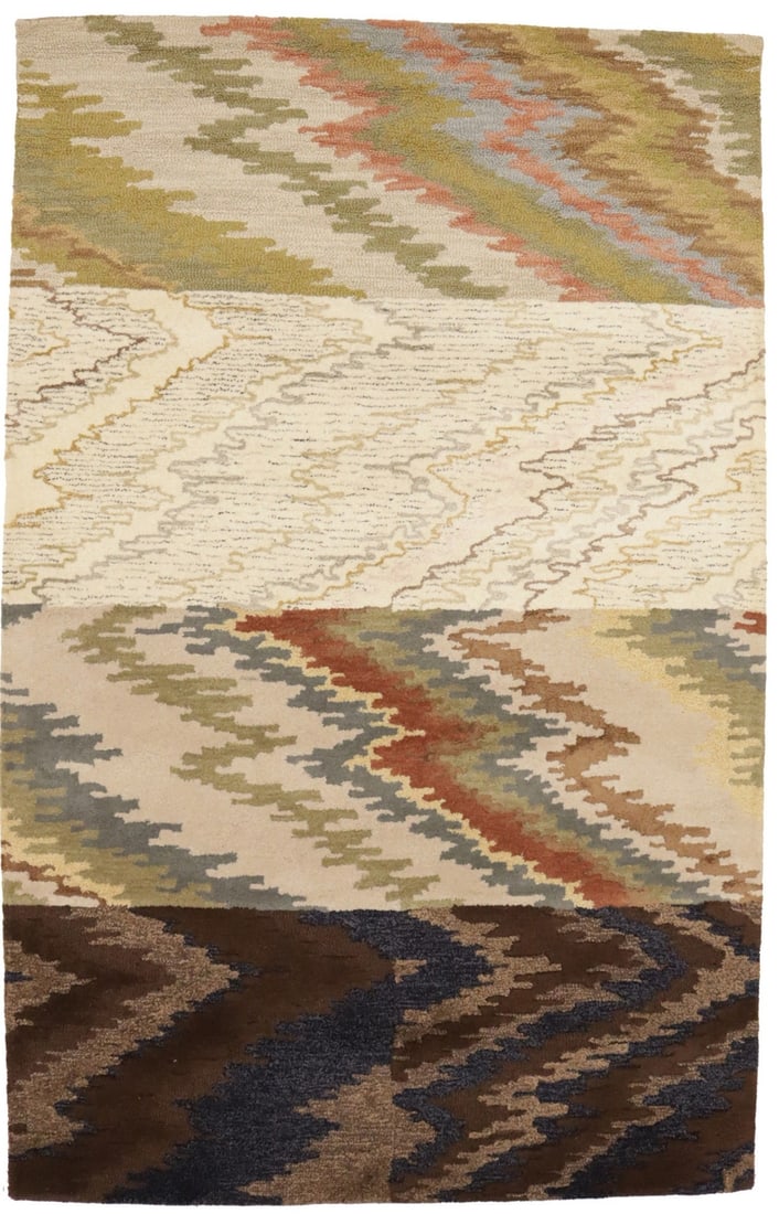 Rare Multicolored Hand-Tufted Wool Abstract Area Rug 5X8: Rare Multicolored Hand-Tufted Wool Abstract Area Rug 5X8 Enhance your living space with this rare abstract stripes multicolored rug, expertly hand-tufted from high-quality wool. This modern area rug,