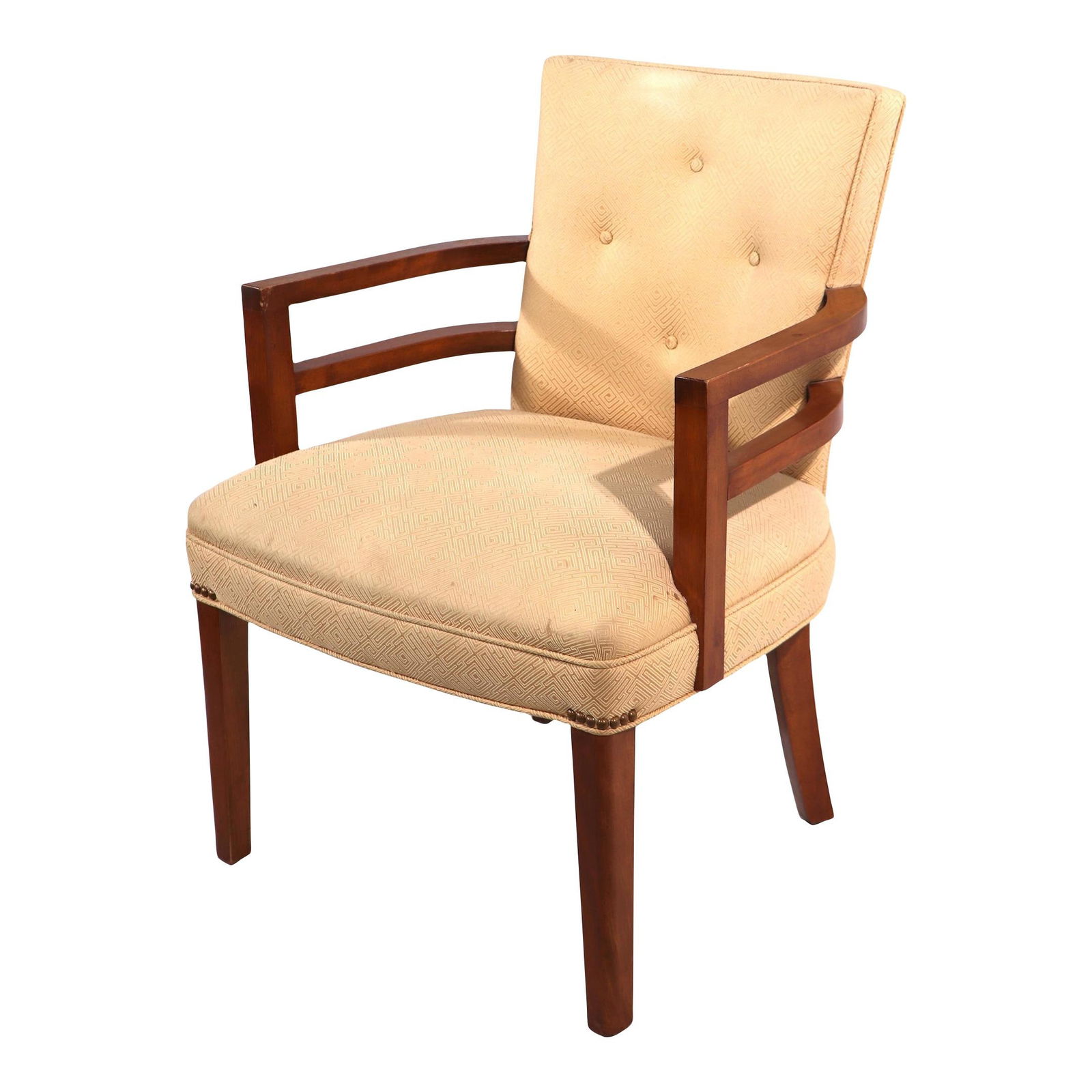 Machine Age Art Deco Arm Chair Inspired by Gilbert Rohde: Machine Age Art Deco Arm Chair Inspired by Gilbert Rohde This classic Machine Age Art Deco arm chair, inspired by Gilbert Rohde, features distinctive speed band wrap around arms, along with a comforta