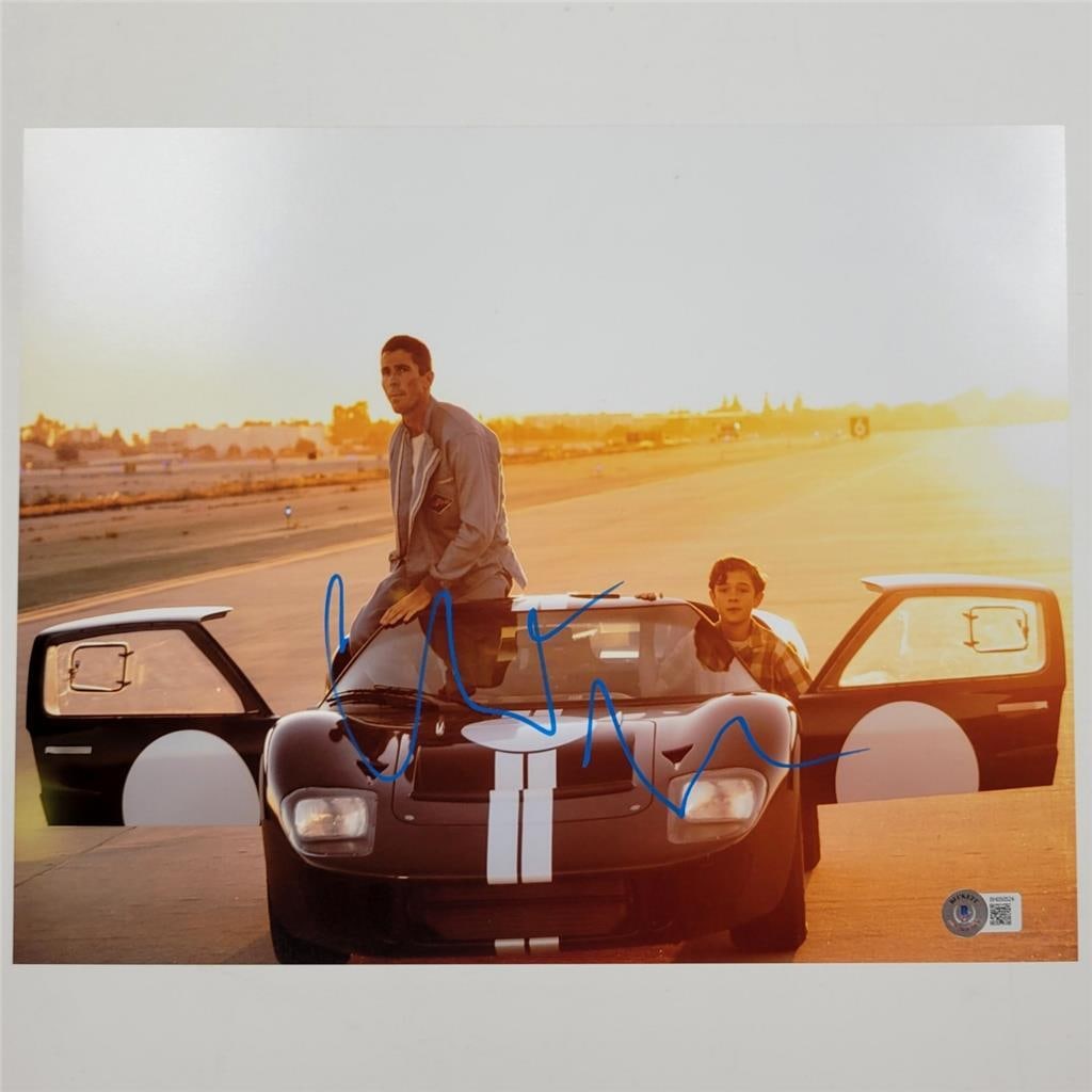 Christian Bale Signed Ford v Ferrari 11x14 Photo Beckett Authenticated: Christian Bale Signed Ford v Ferrari 11x14 Photo Beckett Authenticated This is an original 11x14 photograph from the movie Ford v Ferrari, featuring the autograph of Christian Bale. Authenticated by B