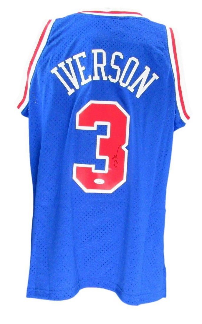 Allen Iverson Autographed Royal Blue Jersey 76ers JSA Certified: Allen Iverson Autographed Royal Blue Jersey 76ers JSA Certified This is an Allen Iverson Hall of Fame autographed royal blue Mitchell & Ness Hardwood Classics Swingman basketball jersey from the 1996-