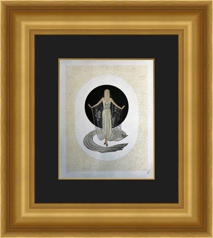 Erte Veil Gown Art Deco Custom Framed Lithograph Print 18x21: Erte Veil Gown Art Deco Custom Framed Lithograph Print 18x21 This exquisite custom framed print features the artwork 'Veil Gown' by Erte, a distinguished artist known for his Art Deco style. The print