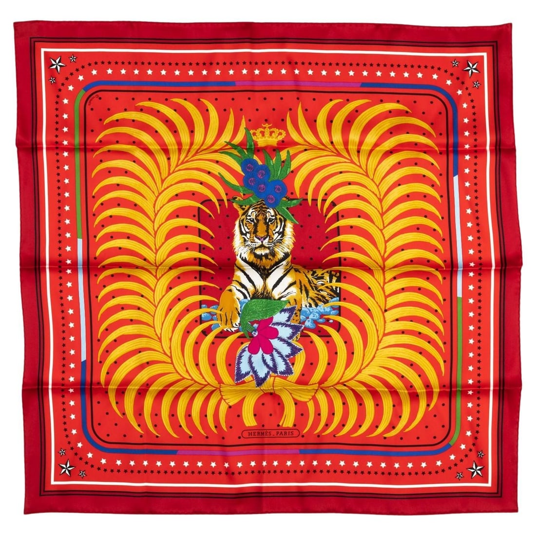 Hermes Limited Edition Imperial Tiger Silk Scarf Red 27 in: Hermes Limited Edition Imperial Tiger Silk Scarf Red 27 in Discover the exquisite Hermes limited edition "Imperial Tiger" silk scarf, featuring a vibrant red background with blue and green trim. This