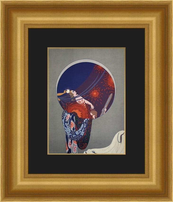 Erte Natures Vanity Art Deco Print Custom Framed 18 x 21: Erte Natures Vanity Art Deco Print Custom Framed 18 x 21 This exquisite custom framed print entitled 'Natures Vanity' by the renowned artist Erte captures the essence of Art Deco style. The piece feat