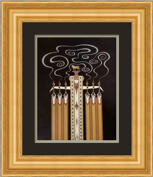 Erte Golden Calf Art Deco Print Custom Framed 18 x 20: Erte Golden Calf Art Deco Print Custom Framed 18 x 20 This striking custom framed print features Erte's "Golden Calf," an exquisite example of Art Deco style. Measuring 18" x 20" including its frame,