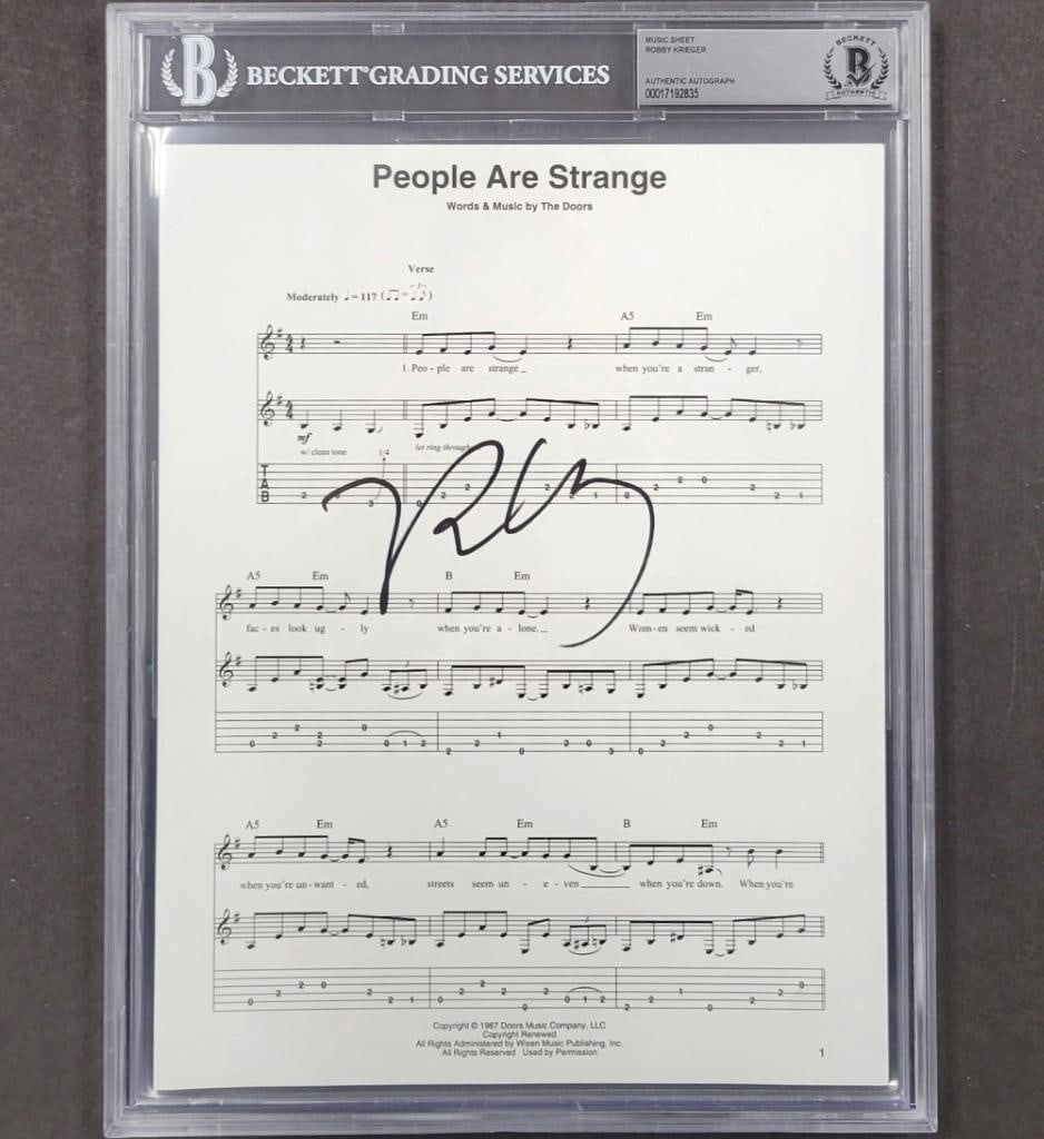 Robby Krieger Signed The Doors People Are Strange Music Sheet Beckett Authenticated: Robby Krieger Signed The Doors People Are Strange Music Sheet Beckett Authenticated This is an original music sheet for "People Are Strange" by The Doors, personally signed by Robby Krieger. The autog