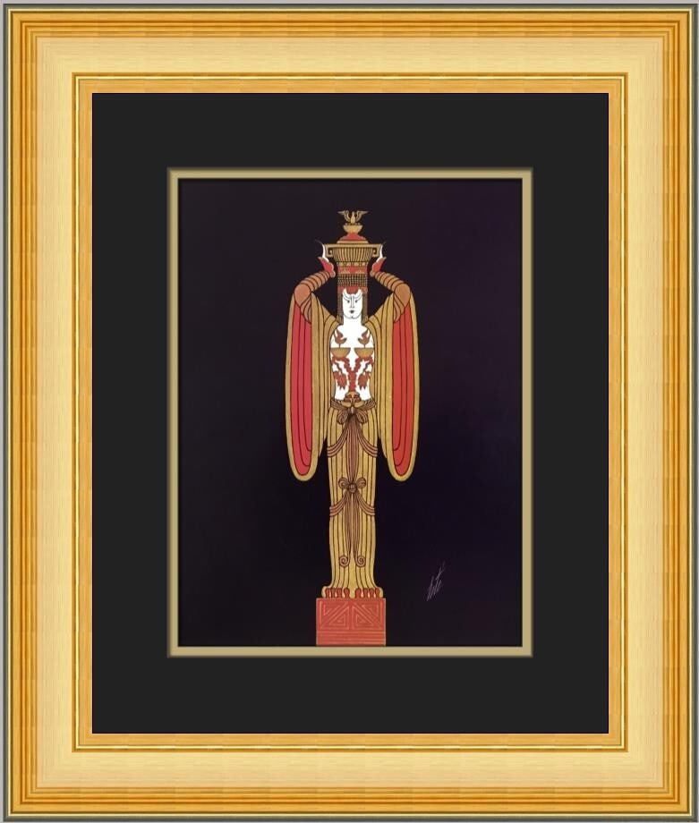 Erte Gift-Bearer Art Deco Custom Framed Print 1979: Erte Gift-Bearer Art Deco Custom Framed Print 1979 This exquisite Erte artwork titled "Gift-Bearer" is a custom framed print that beautifully embodies the Art Deco style. Created in 1979, this medium-