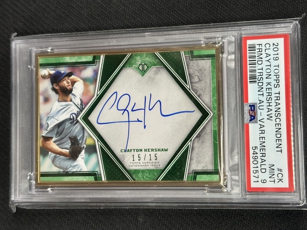 Clayton Kershaw 2019 Topps Transcendent Emerald Auto PSA 9 #CK: Clayton Kershaw 2019 Topps Transcendent Emerald Auto PSA 9 #CK This is a 2019 Topps Transcendent Emerald Variation Auto baseball card featuring Clayton Kershaw, a prominent player for the Los Angeles