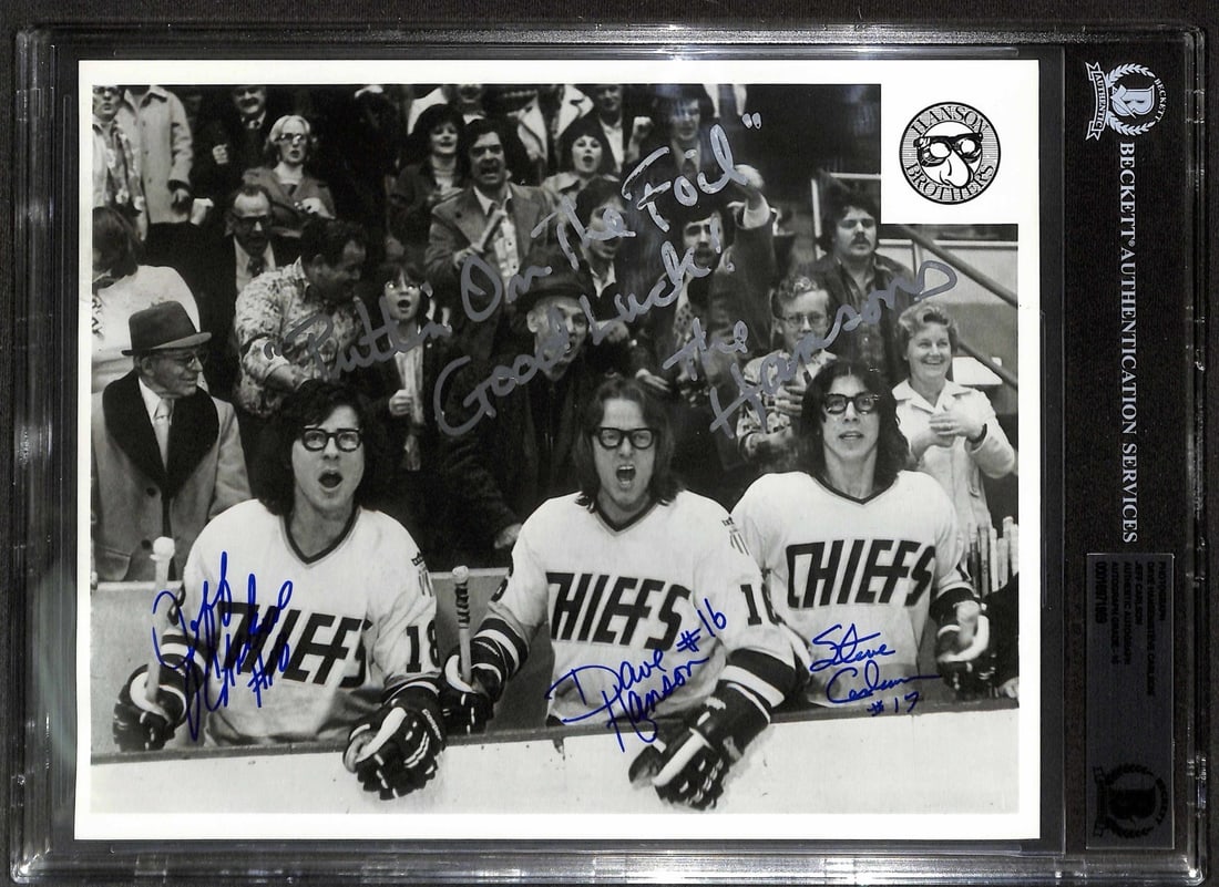Hanson Brothers Signed 8x10 Photo Slap Shot Beckett Authenticated Grade 10: Hanson Brothers Signed 8x10 Photo Slap Shot Beckett Authenticated Grade 10 This exceptional 8x10 black-and-white photograph is signed by the iconic Hanson Brothers trio from the cult-classic hockey fi