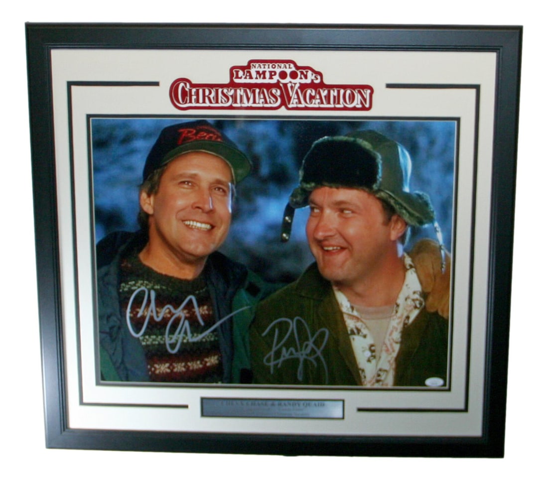 Chevy Chase Randy Quaid Signed 16x20 Christmas Vacation Photo JSA: Chevy Chase Randy Quaid Signed 16x20 Christmas Vacation Photo JSA This framed 16x20 photograph features the iconic moment from the classic holiday film, National Lampoon's Christmas Vacation. It is au