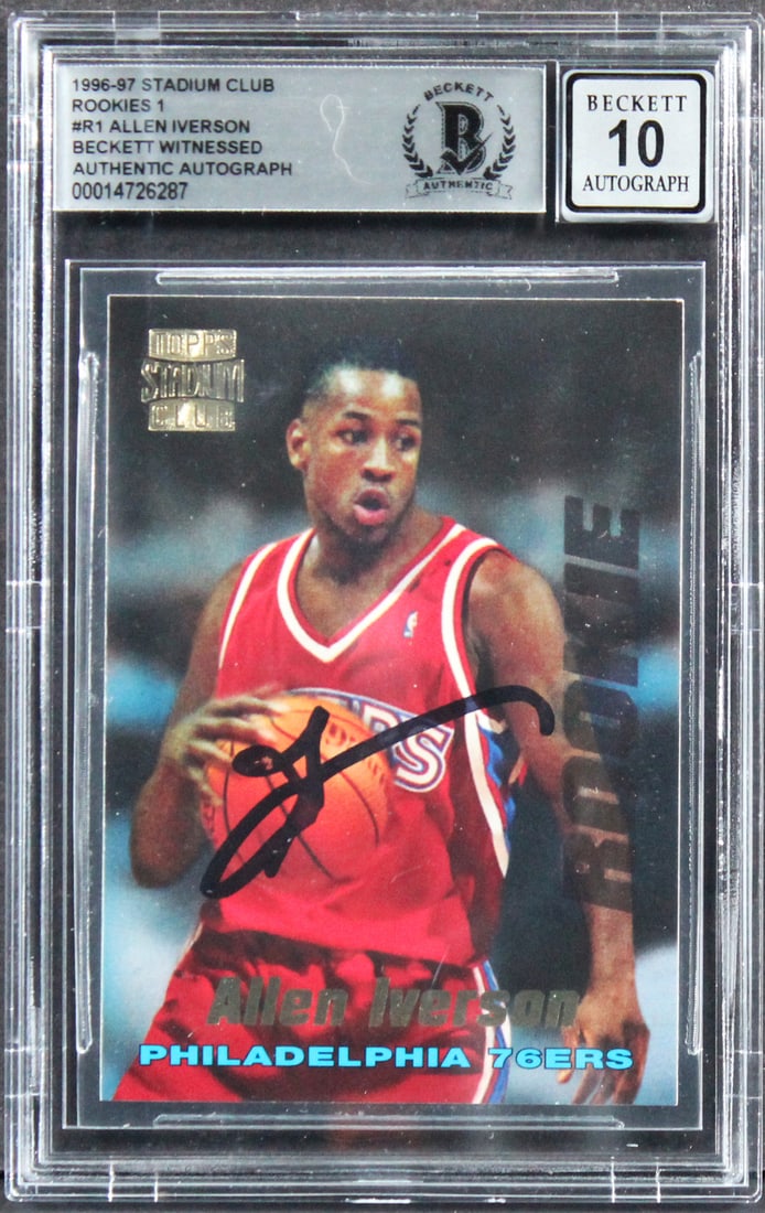Allen Iverson Signed 1996 Stadium Club Rookies 1 #R1 Card Gem Mint 10 Beckett Authenticated: Allen Iverson Signed 1996 Stadium Club Rookies 1 #R1 Card Gem Mint 10 Beckett Authenticated This 1996 Stadium Club Rookies 1 #R1 card features a bold autograph from Allen Iverson, a legendary player o