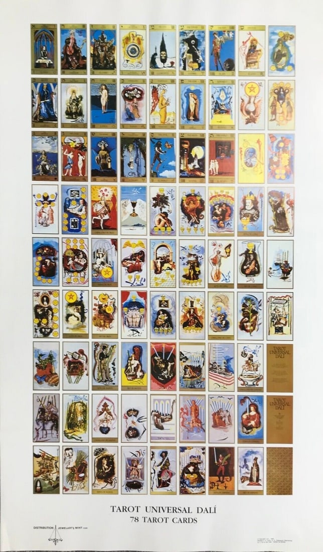 Salvador Dali Tarot Universal Art Poster 19 x 27 Surrealism Reprint: Salvador Dali Tarot Universal Art Poster 19 x 27 Surrealism Reprint This striking art poster features the iconic Tarot Universal design by Salvador Dali, measuring 19" x 27". Created in 1984, this pie