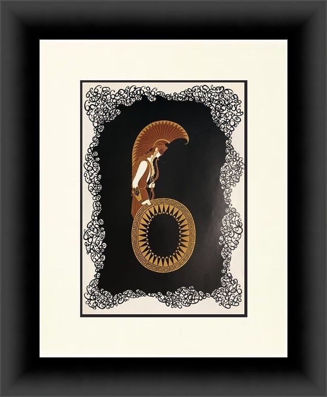 Erte Number 6 Art Deco Custom Framed Print 16 x 19: Erte Number 6 Art Deco Custom Framed Print 16 x 19 This exquisite custom framed print titled "Number 6" from the Numeral Suite by renowned artist Erte showcases Art Deco style and features a captivati