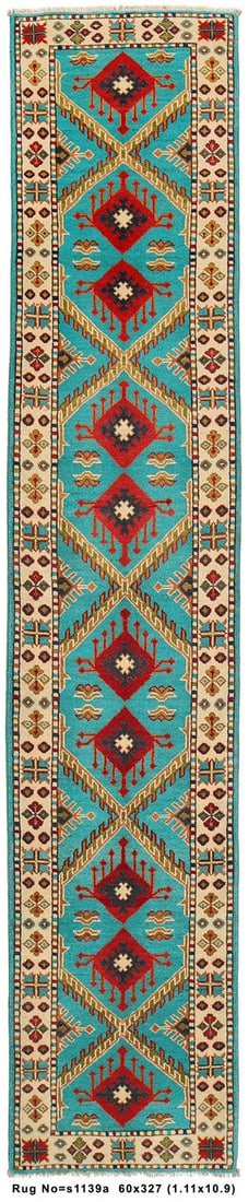 Handmade Kazak Runner Rug 2' x 10.9' Turquoise Tapestry: Handmade Kazak Runner Rug 2' x 10.9' Turquoise Tapestry Transform your space with this exquisite 2' x 11' Turquoise Tapestry Kazak Corridor of Craftsmanship Handmade Runner Rug. Featuring a vibrant tu