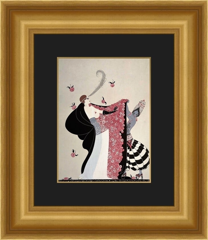 Erte The Flowered Cape Custom Framed Art Deco Print 18x21: Erte The Flowered Cape Custom Framed Art Deco Print 18x21 This exquisite custom framed print titled "The Flowered Cape" by Erte is a stunning representation of Art Deco style. Measuring 18" x 21", thi